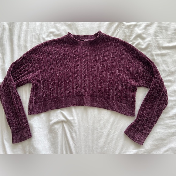 Cropped Sweater cable knit cropped purple warm cozy fall winter long sleeve top - Picture 3 of 6